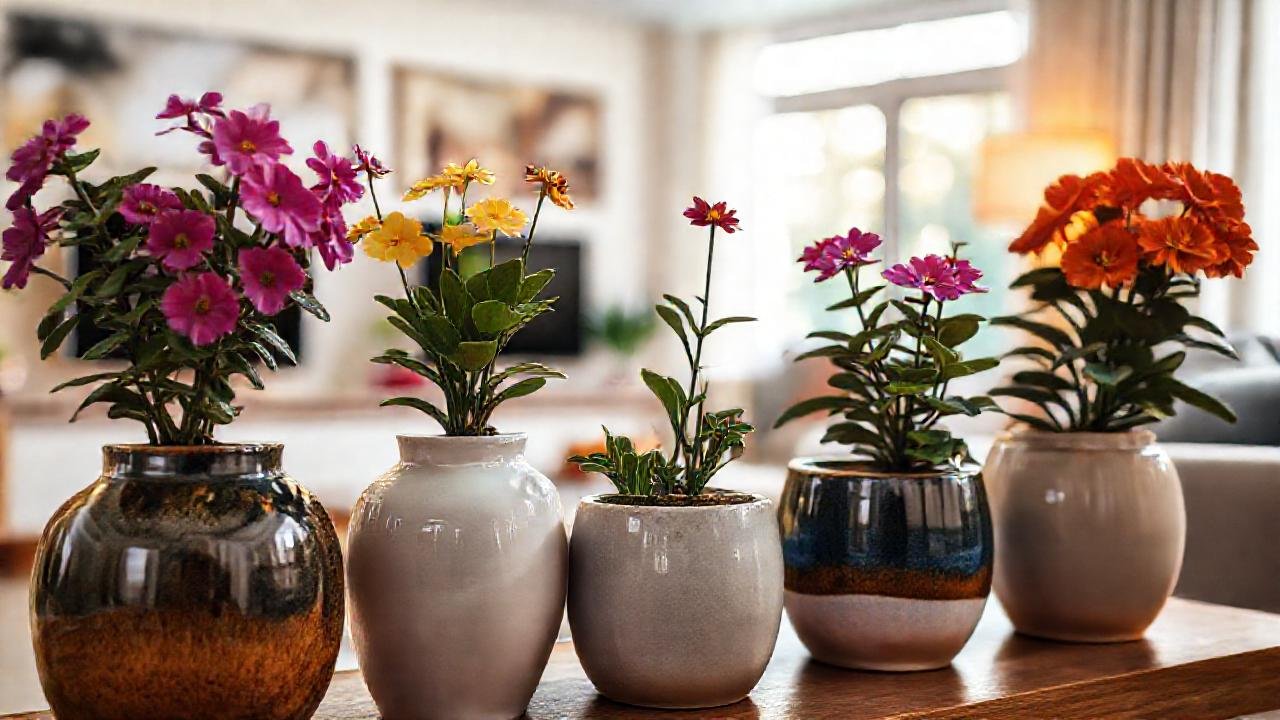 Flores vibrantes en macetas cerámicas, elegantes