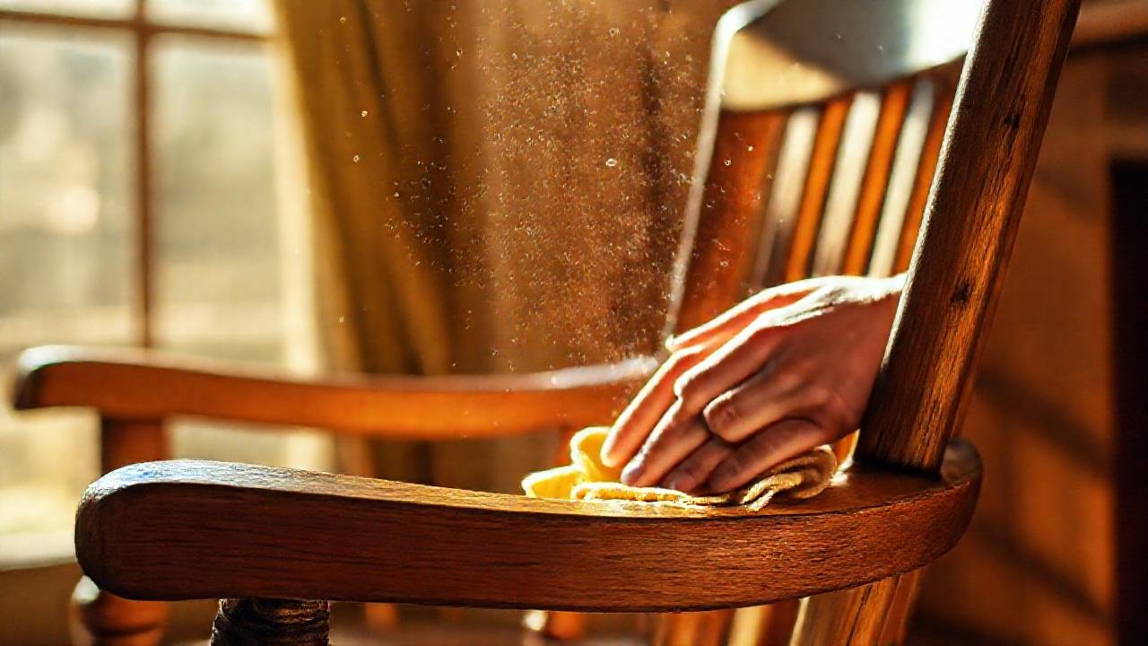 Un sillón de madera brilla cálidamente