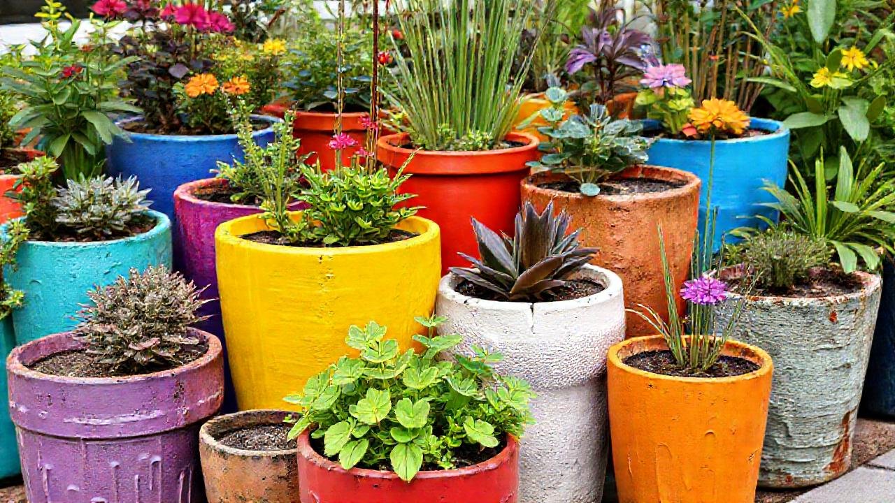 Macetas recicladas crean un jardín alegre