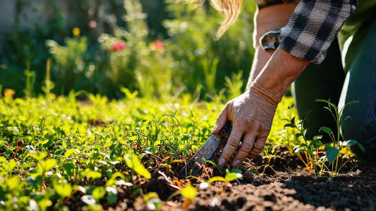 Jardinero coge herramientas para el césped