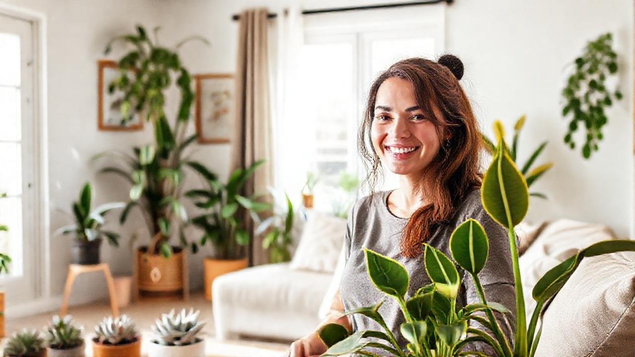 Un salón luminoso y acogedor con plantas