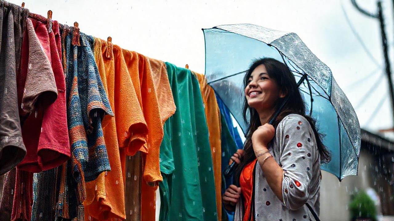 Una mujer feliz disfruta un día lluvioso