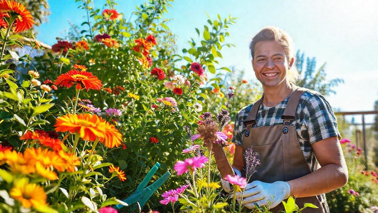 Un jardinero feliz crea un paraíso verde