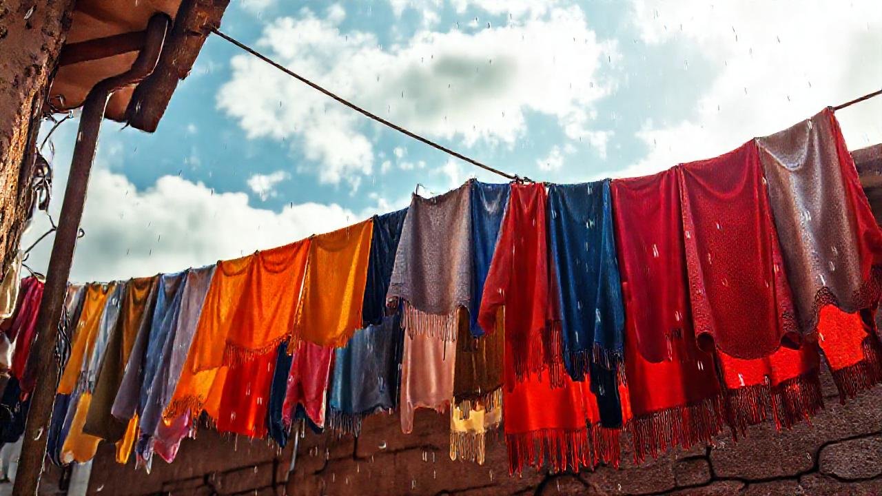 Ropa seca bajo cielo soleado