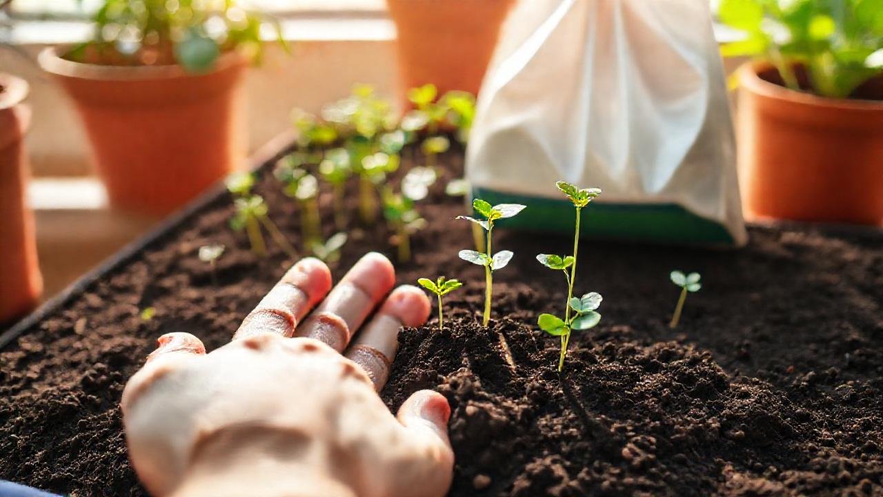 Manos cultivan vida en jardín interior