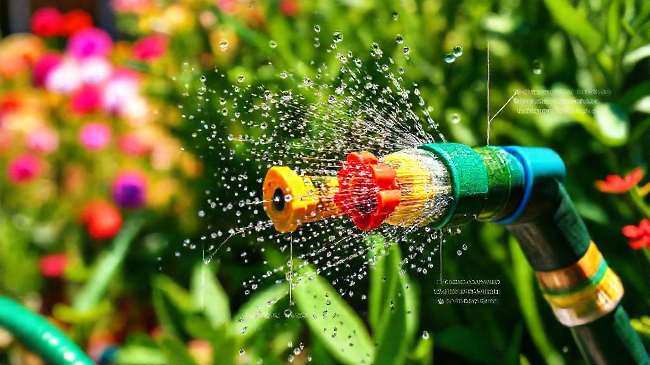 Manguera colorida, gotas de agua vibrantes