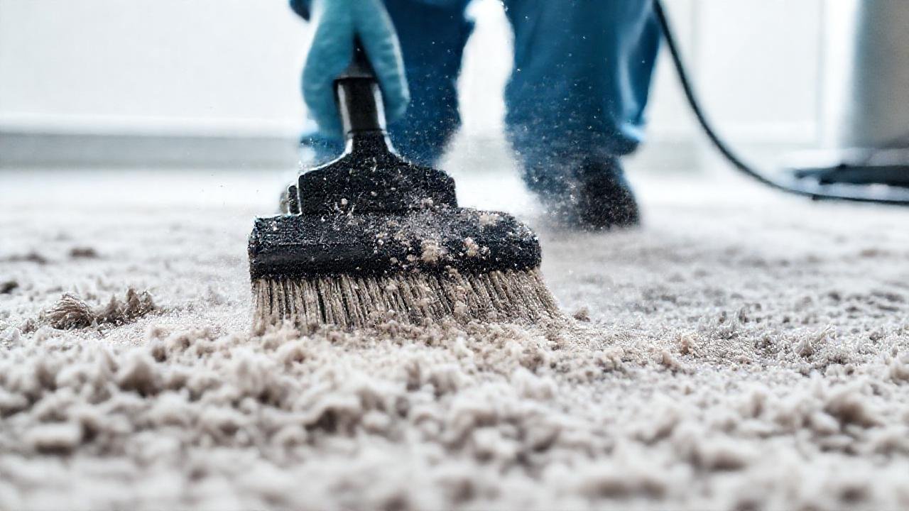 Técnico limpia alfombra con profesionalidad