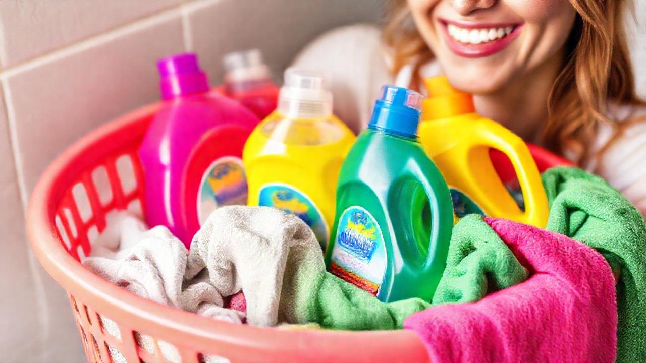 Una mujer feliz lava ropa colorida