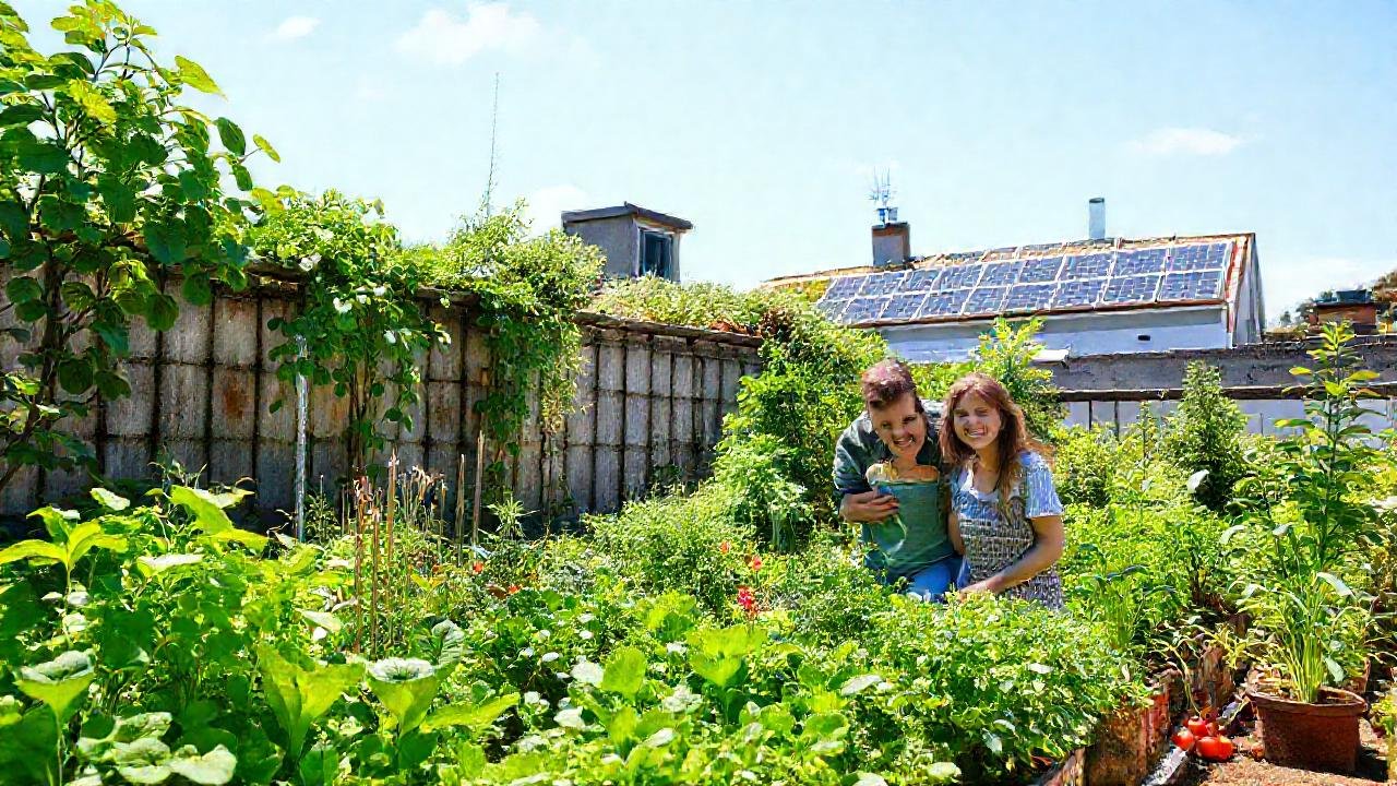 Una familia vive sosteniblemente en armonía
