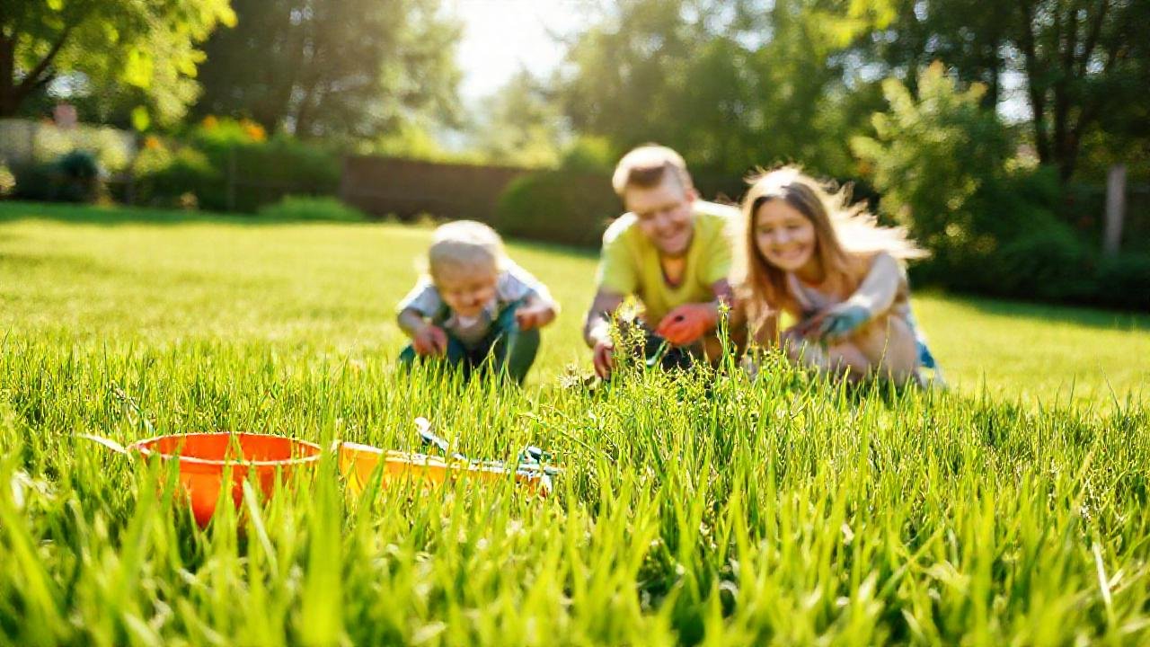Familia feliz en un jardín vibrante