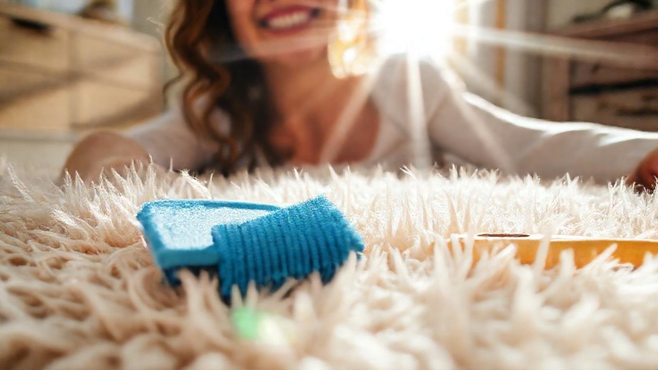 Mujer sonríe limpiando alfombra esponjosa y brillante