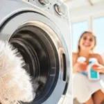 Una mujer sonríe en una lavandería limpia