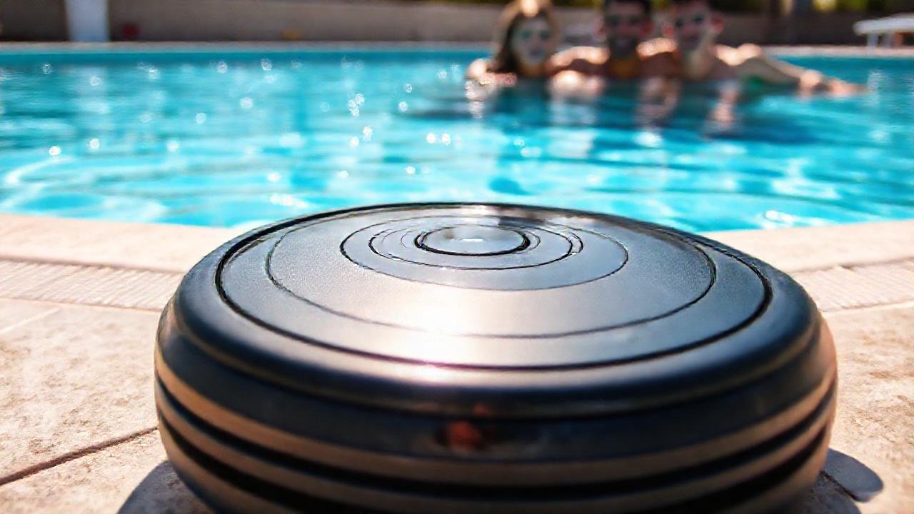 Robótico y feliz junto a la piscina