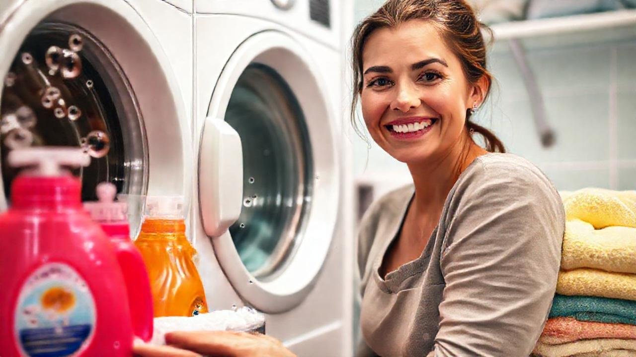 Una mujer enseña limpieza brillante y alegre