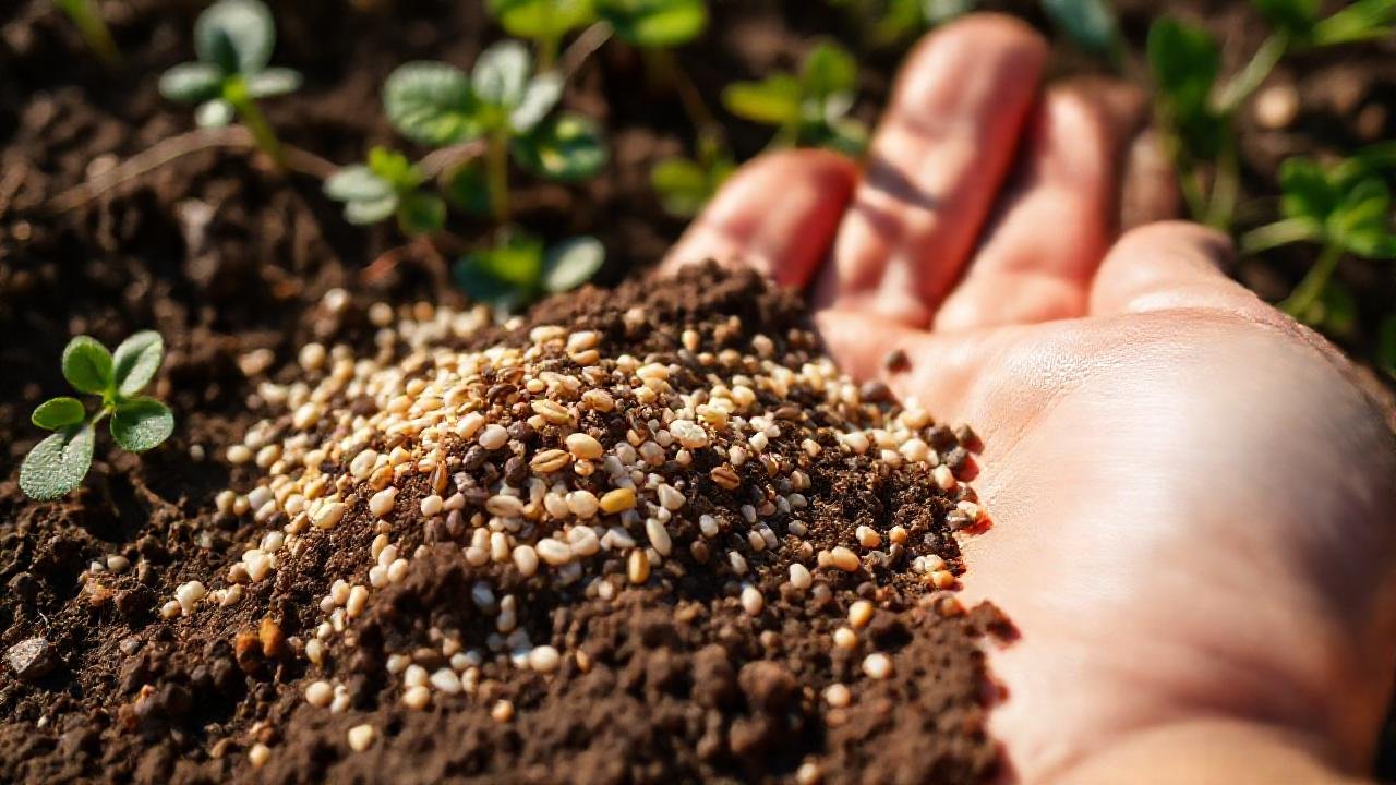 La mano dispersa fertilizante en la tierra