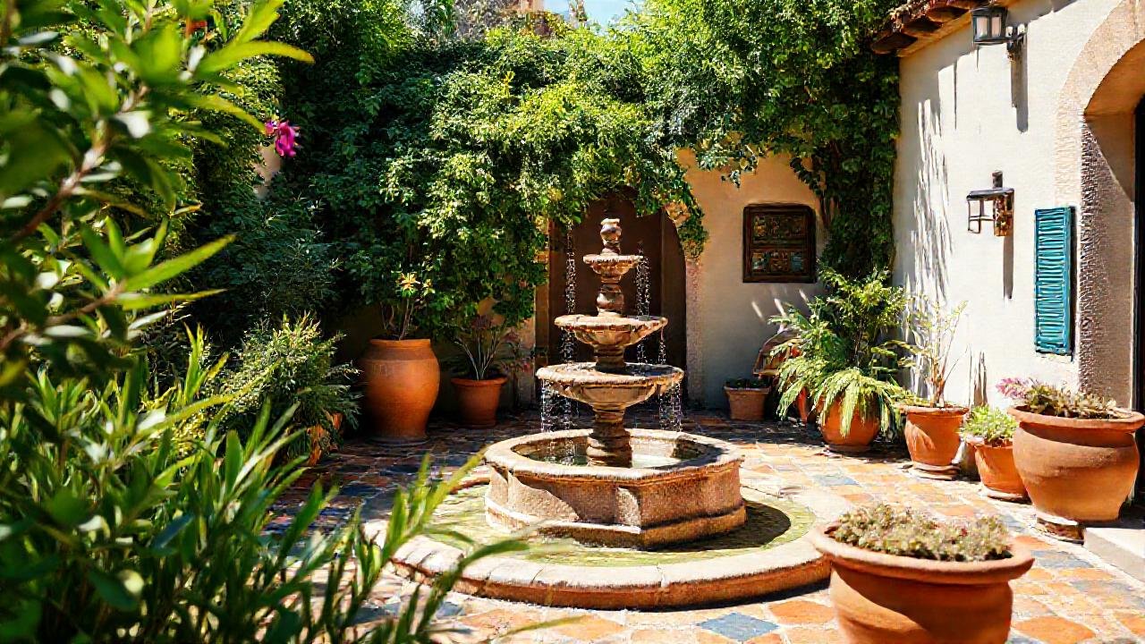 Un patio mediterráneo sereno y colorido