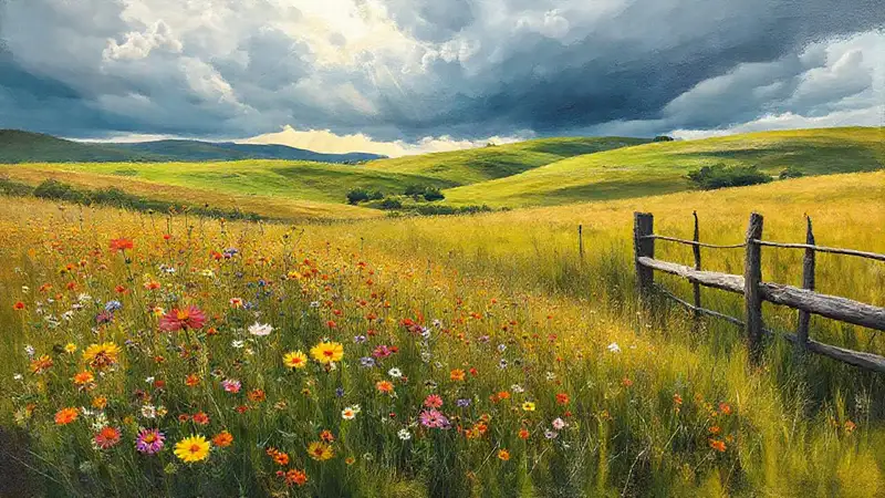 Flores silvestres danzan bajo un cielo tormentoso
