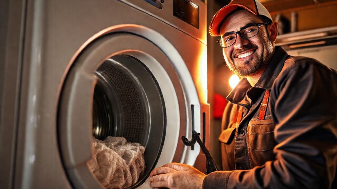 Técnico sonríe, revisando un secador sucio