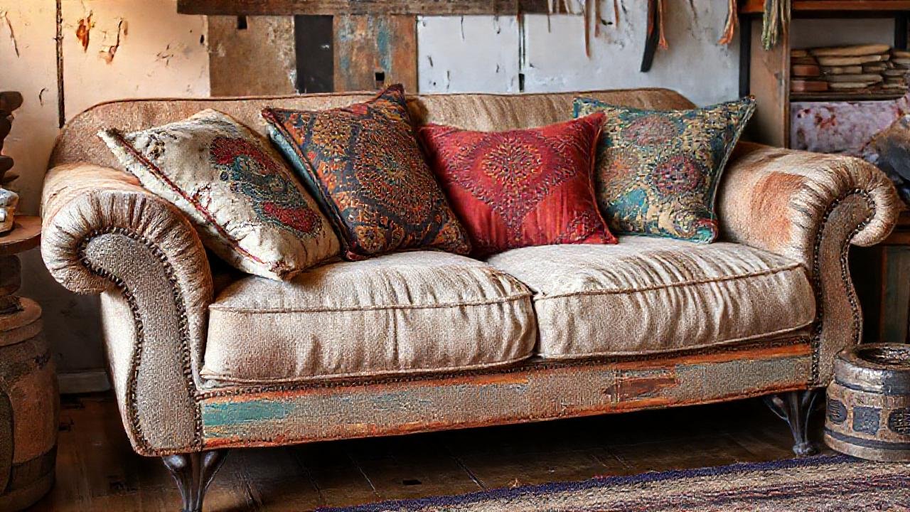 Sofá vintage bohemio, texturas y color