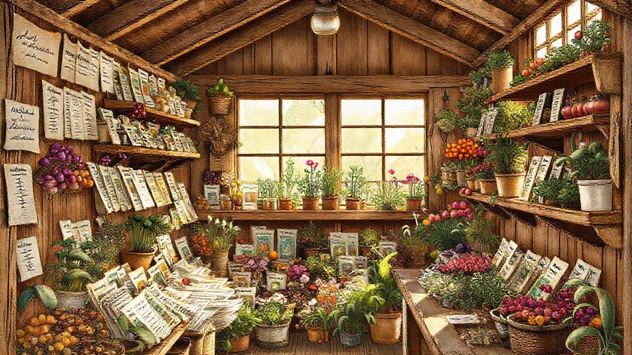 Granja de semillas vintage, cálida y ordenada