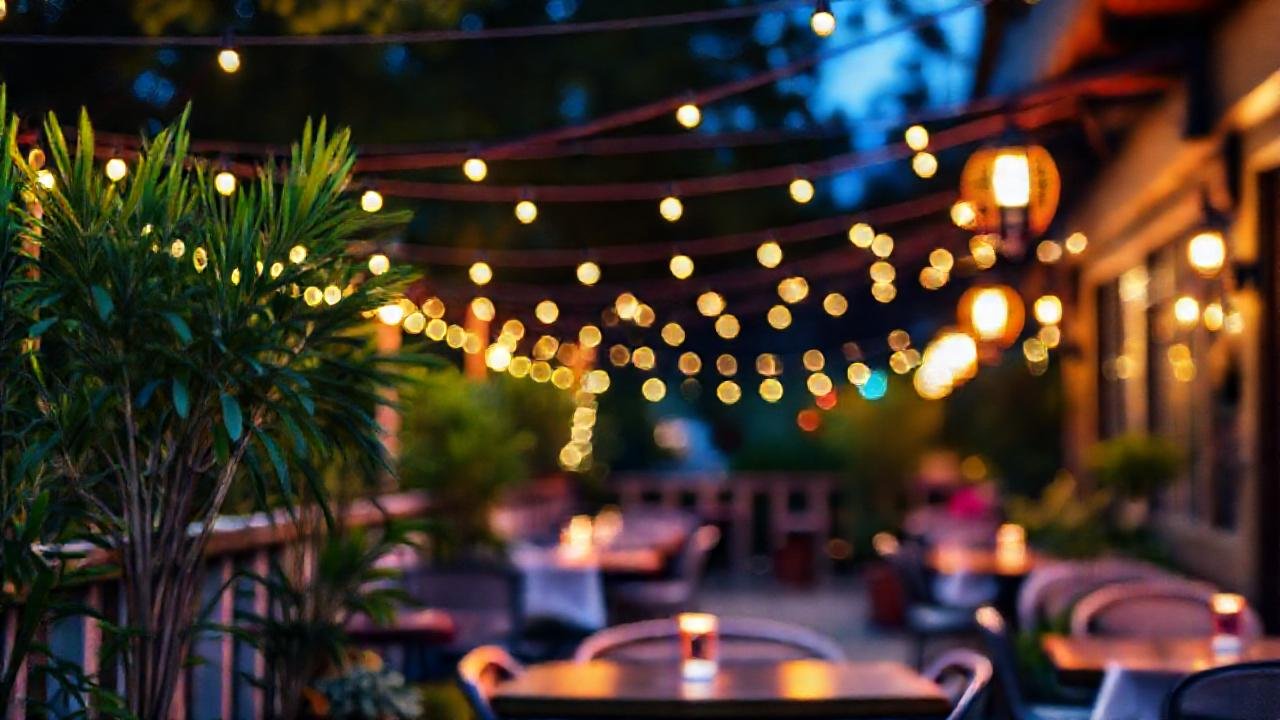 Un patio cálido y acogedor al anochecer