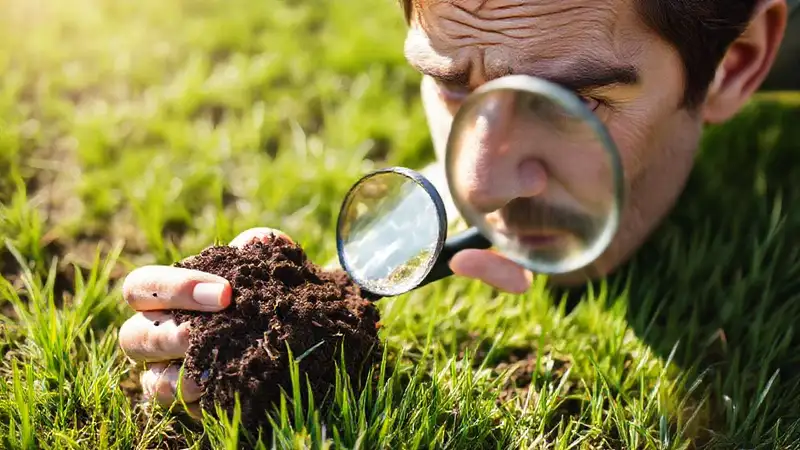 El jardinero frustrado examina un césped desigual