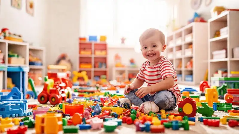 Un niño feliz ordena juguetes en un salón