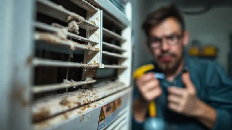 Un técnico frustrado limpia un aire sucio