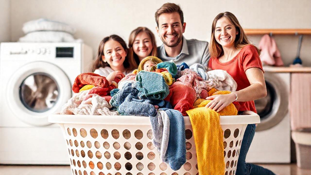 Familia feliz con ropa limpia