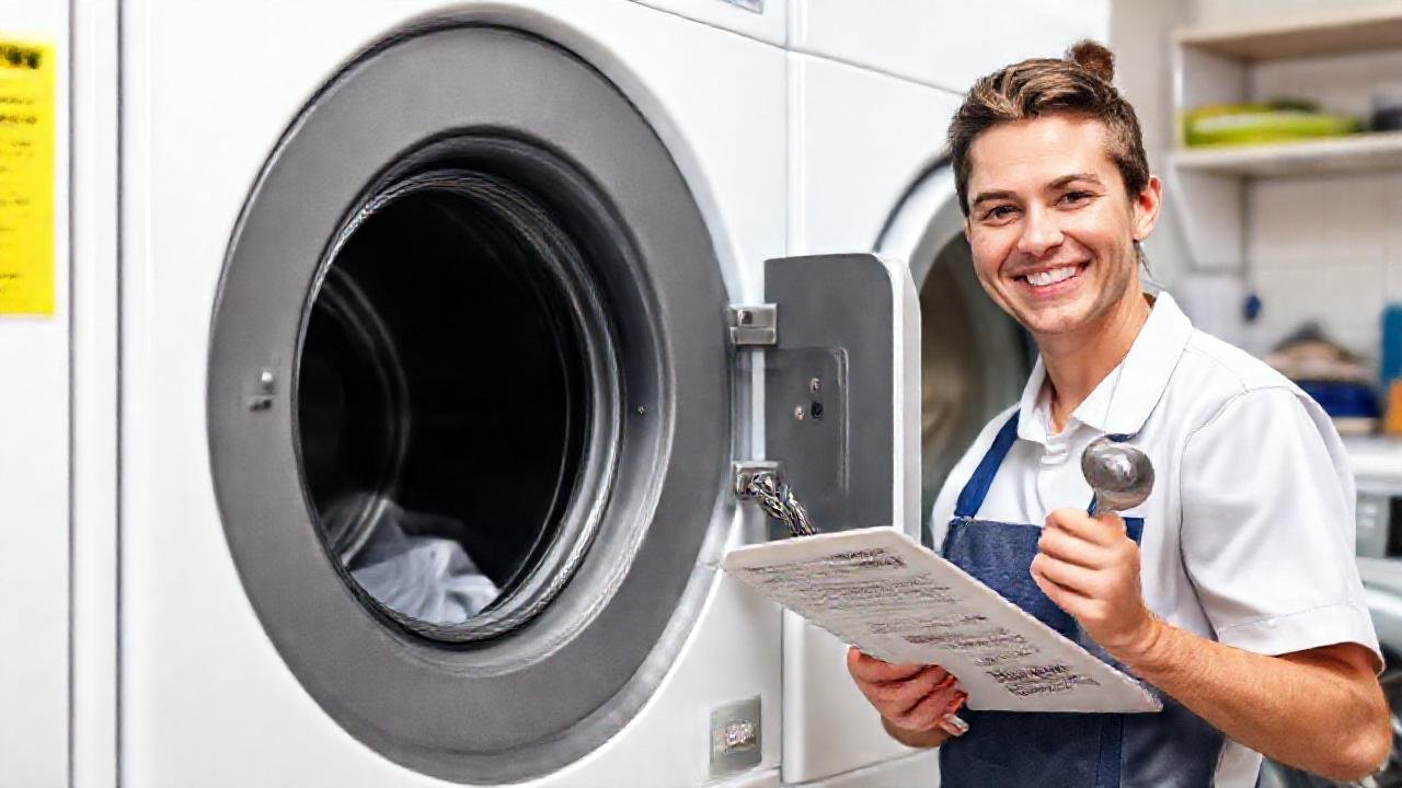 Técnico profesional arregla lavadora con cuidado