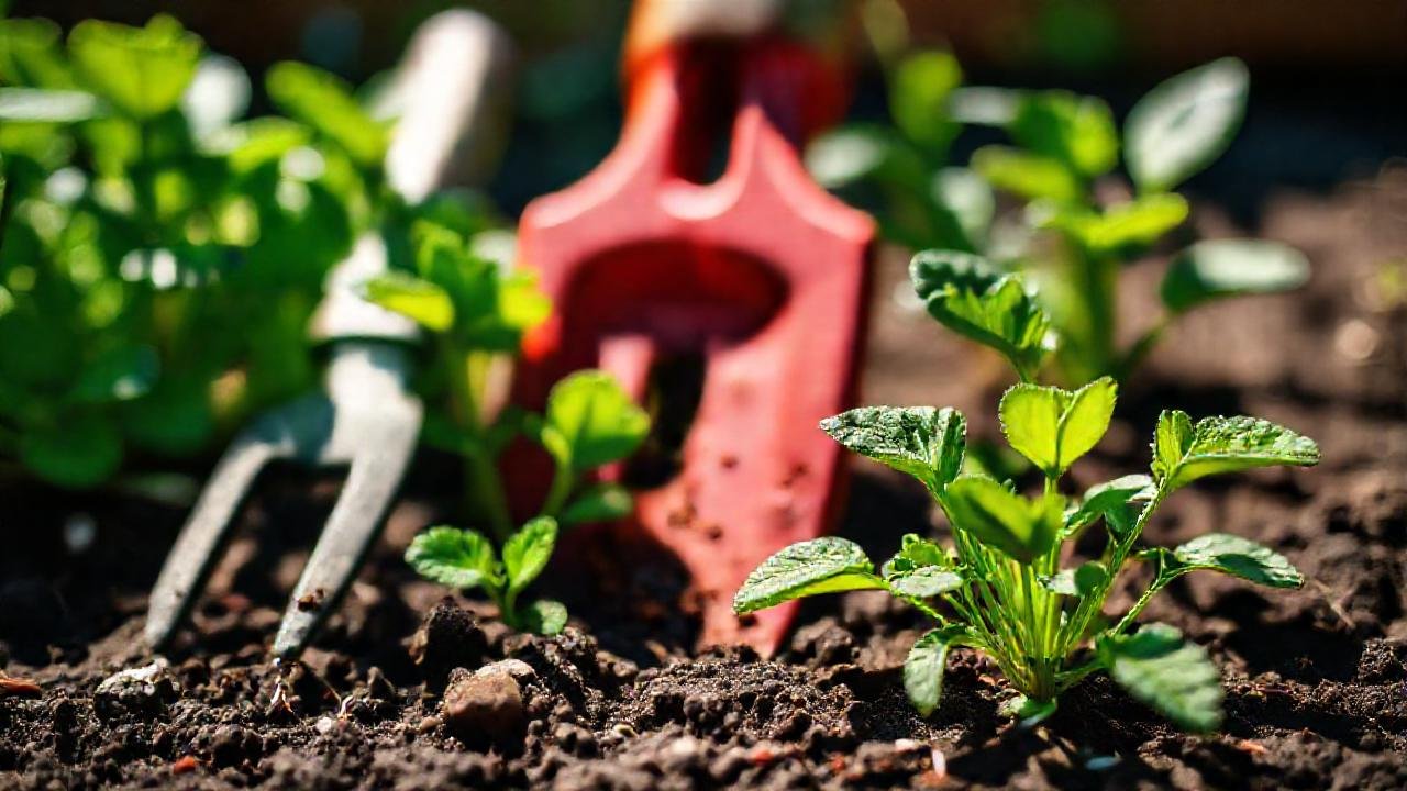 Herramientas de jardinería enfocadas en verde
